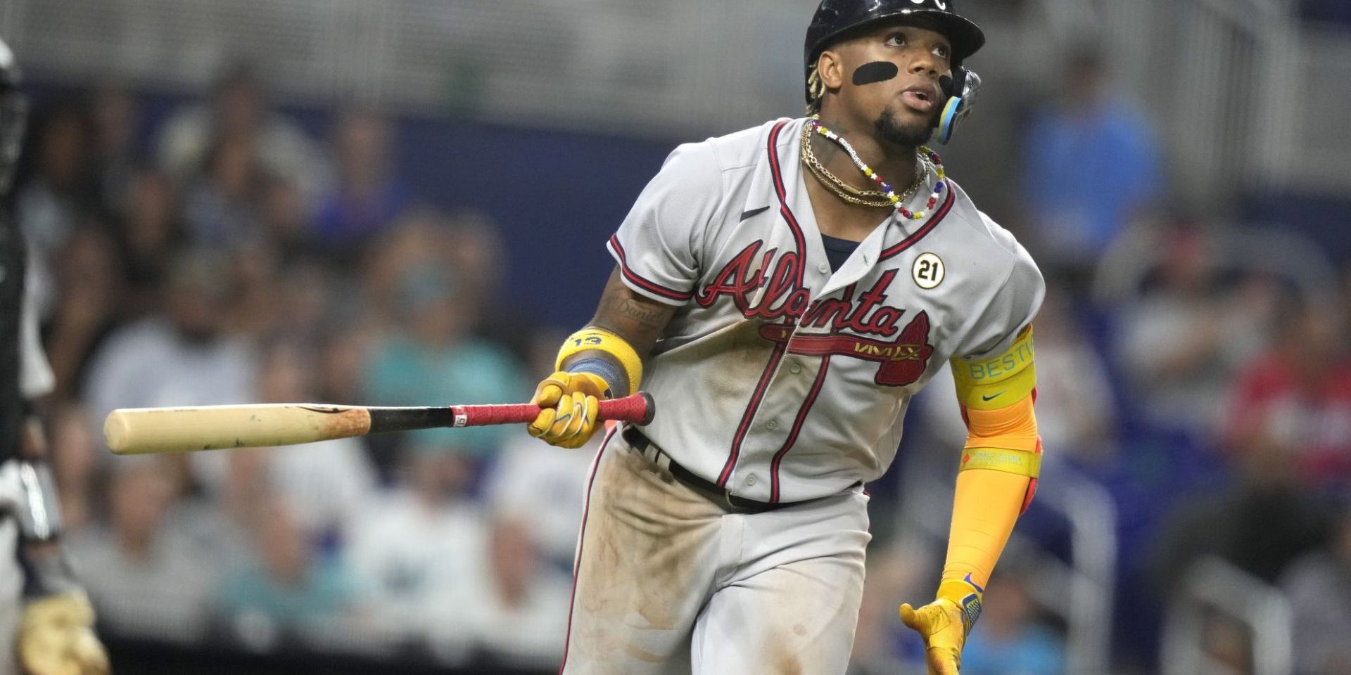 Atlanta Braves right fielder Ronald Acuna Jr. flies out during the fourth inning of a baseball game against the Miami Marlins, Friday, Sept. 15, 2023, in Miami. (AP Photo/Lynne Sladky)