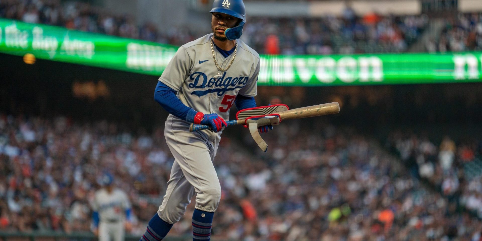 Sep 30, 2023; San Francisco, California, USA; Los Angeles Dodgers right fielder Mookie Betts (50) takes a walk during the third inning against the San Francisco Giants at Oracle Park. Mandatory Credit: Neville E. Guard-USA TODAY Sports