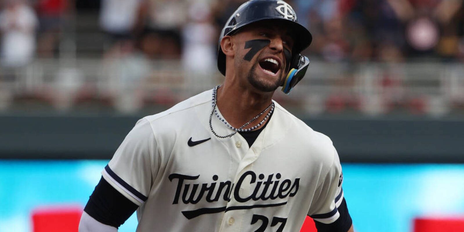 Oct 3, 2023; Minneapolis, Minnesota, USA; Minnesota Twins short stop Royce Lewis (23) reacts after hitting a two-run home run in the first inning against the Toronto Blue Jays during game one of the Wildcard series for the 2023 MLB playoffs at Target Field. Mandatory Credit: Jesse Johnson-USA TODAY Sports