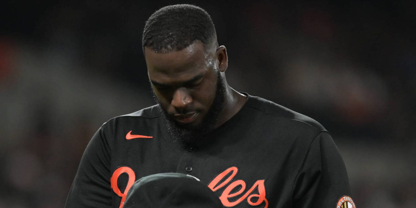 Aug 8, 2023; Baltimore, Maryland, USA;  Baltimore Orioles relief pitcher Felix Bautista (74) looks towards his hat after being relieved during the ninth inning against the Houston Astros at Oriole Park at Camden Yards. Mandatory Credit: Tommy Gilligan-USA TODAY Sports
