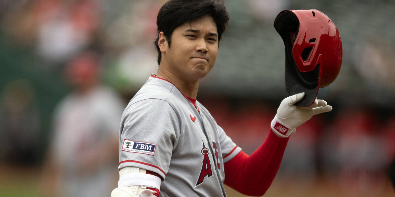 Sep 2, 2023; Oakland, California, USA; Los Angeles Angels designated hitter Shohei Ohtani (17) requests time while batting against the Oakland Athletics during the first inning at Oakland-Alameda County Coliseum. Mandatory Credit: D. Ross Cameron-USA TODAY Sports